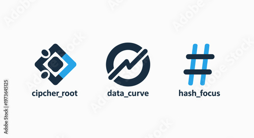 Cipher root data curve hash focus abstract digital security and information icons set on white background