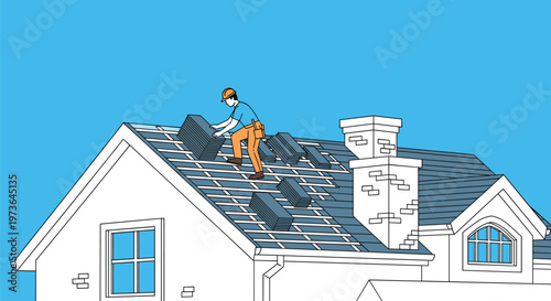 A dedicated roofer wearing an orange helmet and blue shirt installs dark shingles on a residential house roof against a clear and vibrant blue sky backdrop.
