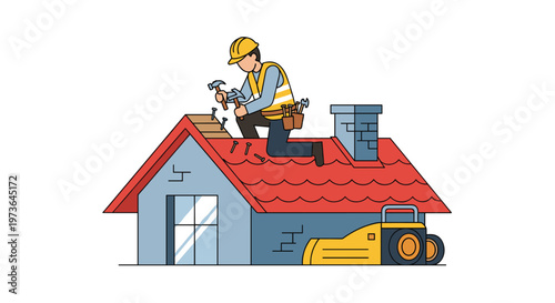A skilled worker wearing a yellow helmet and safety vest kneels on a red residential roof while hammering nails into shingles in a clean studio environment.
