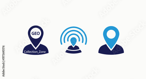 Geolocation gps map pin locator signal icons set with radiating waves and global position on white background