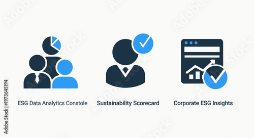 Icons representing esg team activities, sustainability scorecards, and corporate environmental social governance insights
