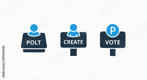 Set of three distinct icons representing social engagement concepts like polling, content creation, and voting processes