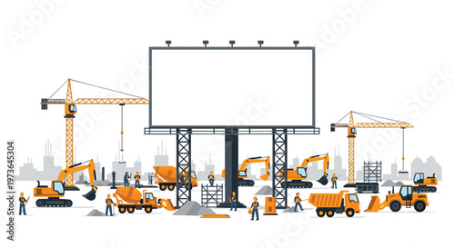 Busy construction site featuring multiple orange excavators and cement trucks with workers surrounding a large blank central billboard for advertisement.