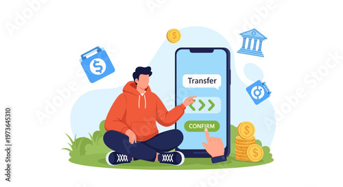 Man using mobile app for online money transfer, confirming transaction with bank icons