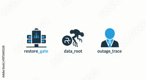 Restore gate, data root, and outage trace icons for system recovery and data management concepts