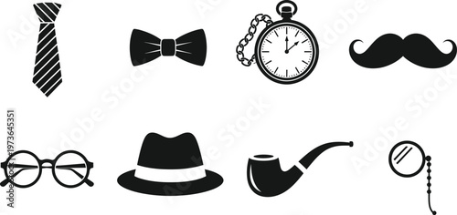 Vintage gentleman icons set stylish bow ties hats mustaches pocket watches more vector graphics