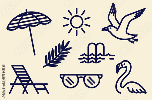 Beach pool summer icons hand drawn sketch vector illustration