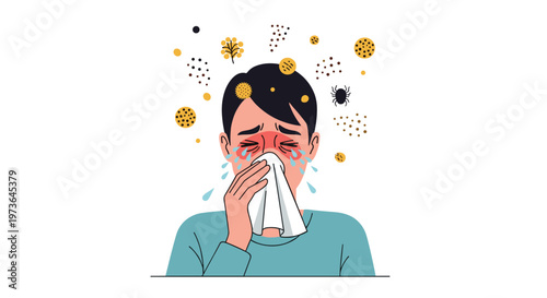 Person suffering from severe seasonal allergies with red irritated eyes and a runny nose holds a tissue surrounded by floating germs and pollen particles.