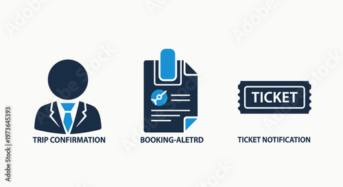 Travel booking interface icons featuring passenger trip confirmation airline booking alert and digital ticket notification symbols for mobile application design