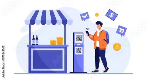 Man using smartphone to pay at market stall with QR code scanner, cashless transaction