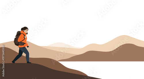 Hiker wearing a bright orange jacket and carrying a large backpack walks across a brown hilly desert landscape under a clear white sky background view.