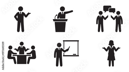 Professional Business Communication Vector Icons: Six Black Silhouettes Illustrating Public Speaking, Team Conferences, Whiteboard Presentations, and Interpersonal Dialogues.