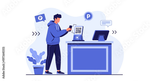 Man using smartphone to pay for parking via QR code at automated kiosk