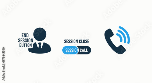Set of business customer support icons including end session button with businessman figure and telephone receiver symbol representing call center communications