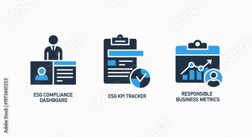 Corporate performance and responsible business metrics dashboard icons for tracking professional growth and employee data management