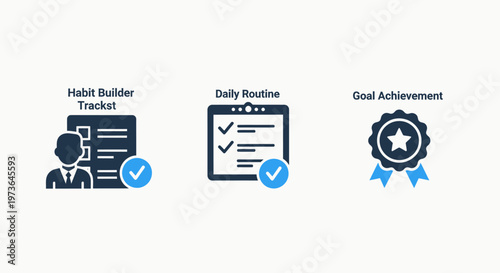 Personal development and productivity icon set showing a habit builder tracker daily routine checklist and goal achievement medal