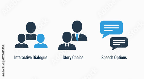 Communication and narrative interface icons representing interactive dialogue story choices and speech bubble options for digital media