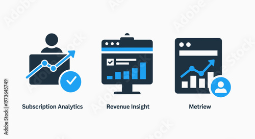 Business data analytics icons for tracking subscription growth, revenue insights, and performance metrics on white background