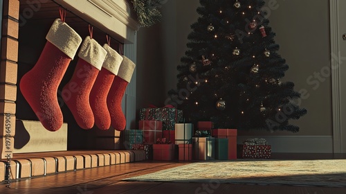 Festive Christmas Morning: Red Stockings by Fireplace, Glowing Tree, and Gifts