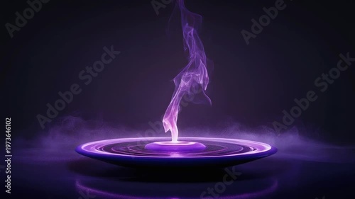 Glowing purple smoke rises from a plate, illuminating the dark scene with ethereal light