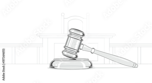 Line art sketch of a judge's gavel resting on a wooden block with a faint outline of a courtroom chair in the background for a professional legal atmosphere.