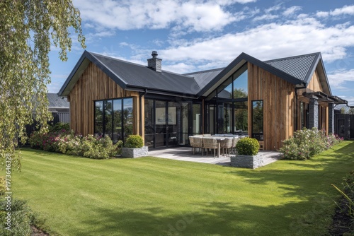 A contemporary wooden house featuring expansive windows and a spacious patio is nestled in a lush green garden under a bright, sunny sky