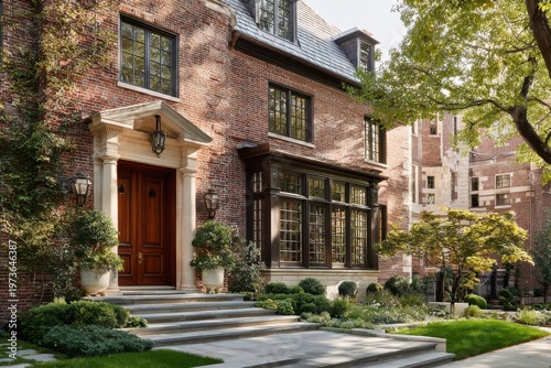 Beautiful brick house with large windows and green plants in the front yard located in a quiet neighborhood during sunny daytime
