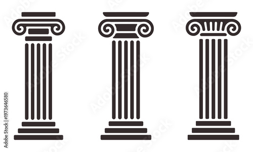 A set of three ancient Greek and Roman columns with different architectural styles, showcasing classic designs