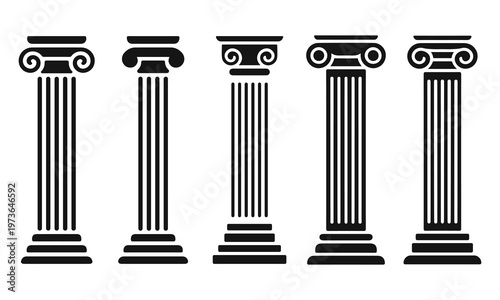 A set of five ancient Greek and Roman columns with different architectural styles, showcasing classic designs. These iconic pillars are commonly used in historic buildings and monuments.