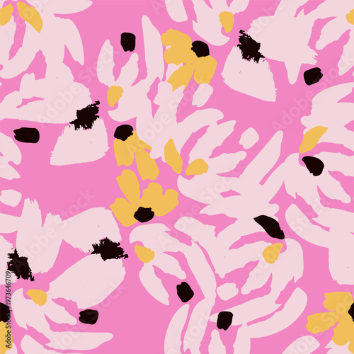 A floral seamless vector pattern in mustard, off-white and black on vibrant pink background with hand-painted organic blooms