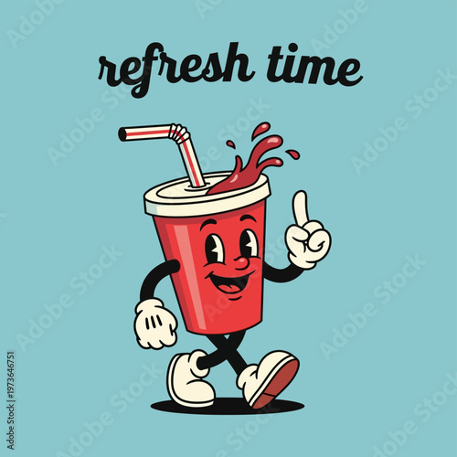Retro cartoon soda cup character walking and pointing up.