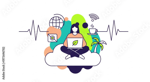Abstract illustration of a person sitting on a cloud, working on a laptop with a plant on it, surrounded by various icons representing technology and lifestyle