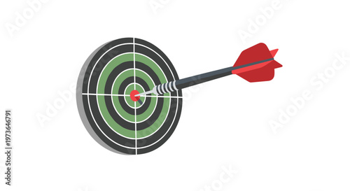 A red dart is stuck in the center of a green and black target viewed from an angled perspective with grid lines on a clean and minimalist background.