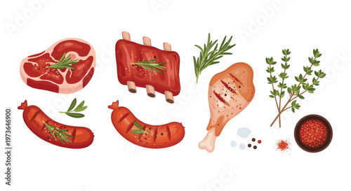 A collection of raw meat cuts including steak and ribs arranged with fresh rosemary spices and a small bowl of seasoning on a clean light background.