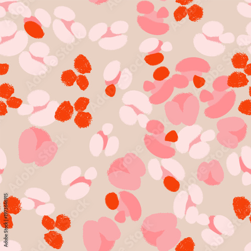 A floral seamless vector pattern in coral, blush and off-white on warm beige background with hand-painted organic blooms