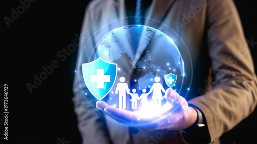 Man holding glowing family and medical shield icons, representing healthcare insurance and protection, cinematic motion