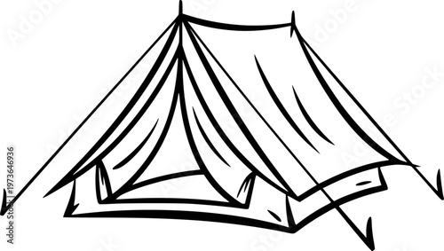 Hand drawn of a canvas tent with poles and ropes for camping adventures outdoor
