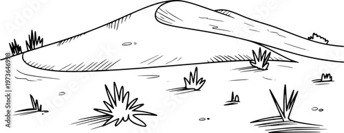 Hand drawn of a desert landscape with sand dunes and sparse vegetation nature
