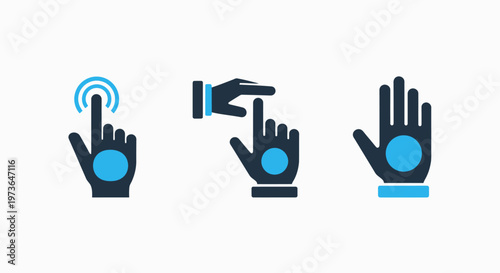 Digital hand gestures for touchscreen interaction: tap, pinch zoom, and open hand icons