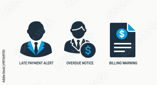 Financial alert icons for late payments, overdue notices, and filing warnings
