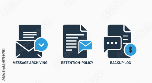 Data archiving, retention policy, and backup log icons for information governance