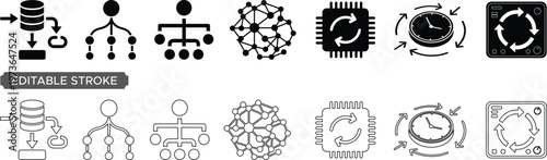 Data flow network and system process line icons set editable stroke database connection hierarchy automation technology vector collection