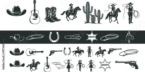 Cowboy western silhouette icon set hat boots horse guitar sheriff rodeo vector collection black vintage design elements
