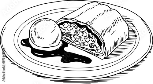 Hand Drawn of Apple Strudel Dessert with Ice Cream Scoop Plate food pastry