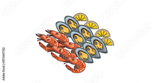 Fresh orange prawns and grey mussels are arranged neatly alongside bright yellow lemon slices in this vibrant digital illustration on a white background.