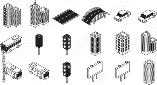 Isometric city elements icon set buildings roads vehicles traffic lights billboard urban infrastructure vector collection editable design