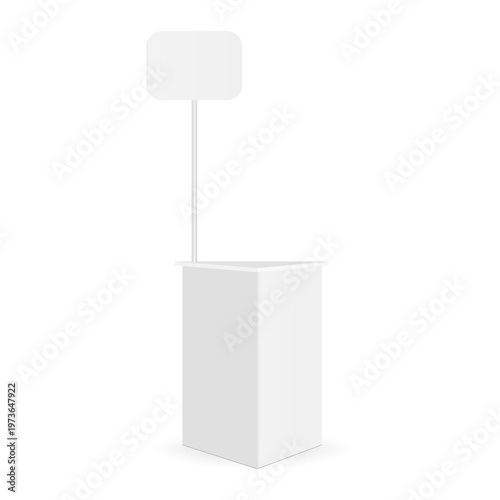 Promo stand mockup with display panel, isolated on white background for branding and advertising design