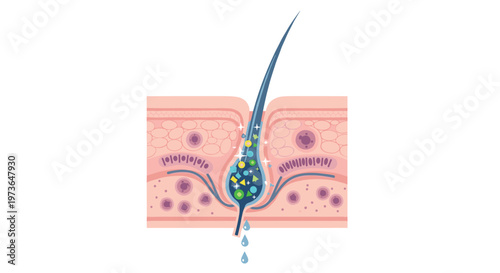 A cross-section of skin shows a hair follicle being cleansed by various geometric shapes and bright sparkles in this vibrant medical illustration concept.