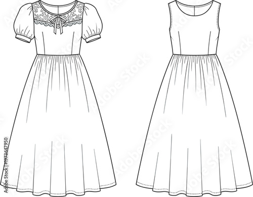 Lace yoke dress front and back view line art fashion apparel template short sleeve elegant editable outline design