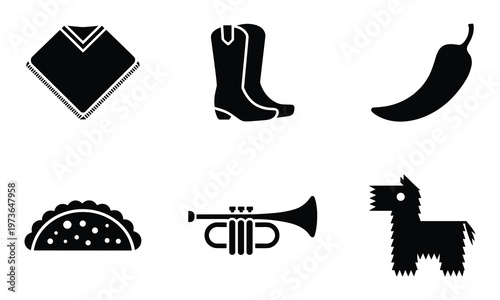 Black silhouettes of Mexican culture symbols including cowboy boots and food